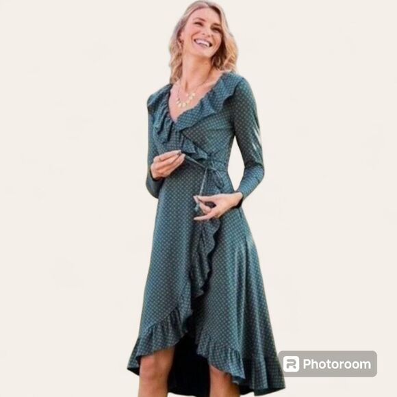 Matilda Jane Reunion Size Small Maternity Green Ruffled Asymmetrical Wrap Dress - Picture 1 of 12